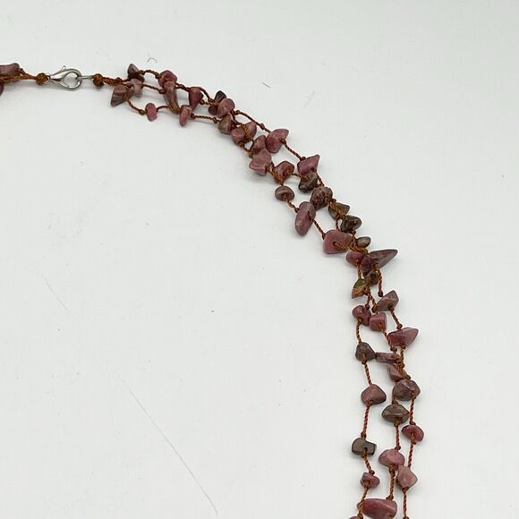 Mauve Stone Chip 3 Strand Polished Black Stone Pendant Tassel Boho Necklace 25” - Picture 10 of 12
